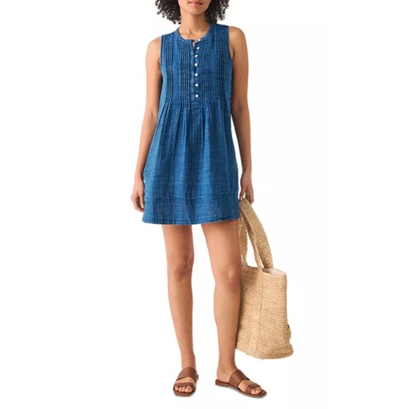 FAHERTY Women’s Size L Blue Linen Isha Sleeveless Pintuck Button-Bodice Dress - Picture 11 of 12